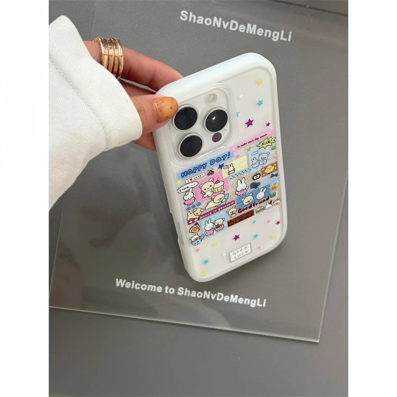 Nicho colorido estrella conejo oso ilustración caso para iPhone 16 15 14 13 12 Pro Max lindo Y2k niñas minimalismo cubierta suave