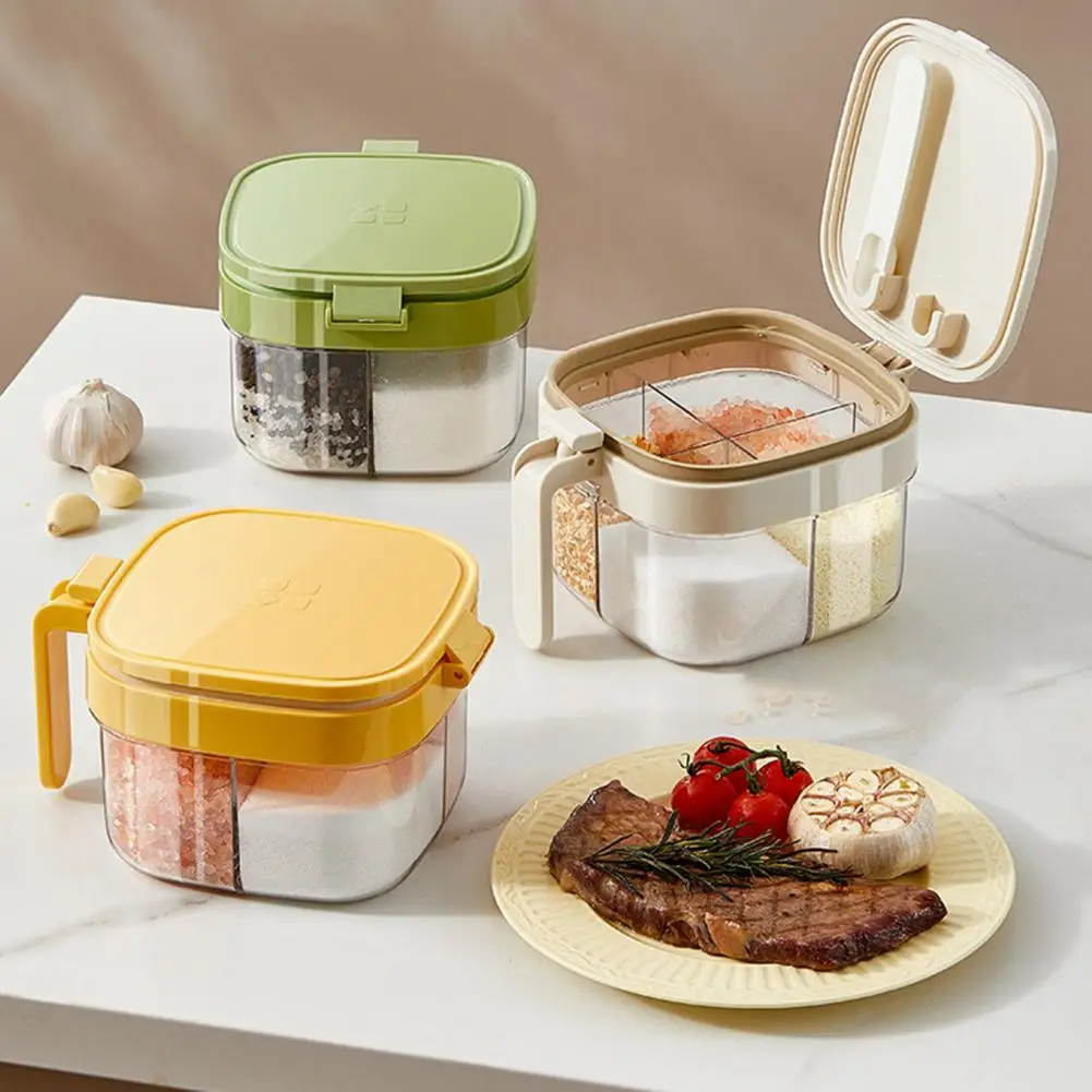 

Multi-Compartment Spice Organizer with Spoon Clear Lid Seasoning Container for Salt Sugar Pepper Kitchen Spice Jar Set