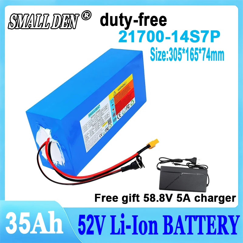 New 52V 35AH lithium battery pack 21700 14S7P 2000W motor with built-in 40A BMS scooter bicycle rechargeable battery+5A charger