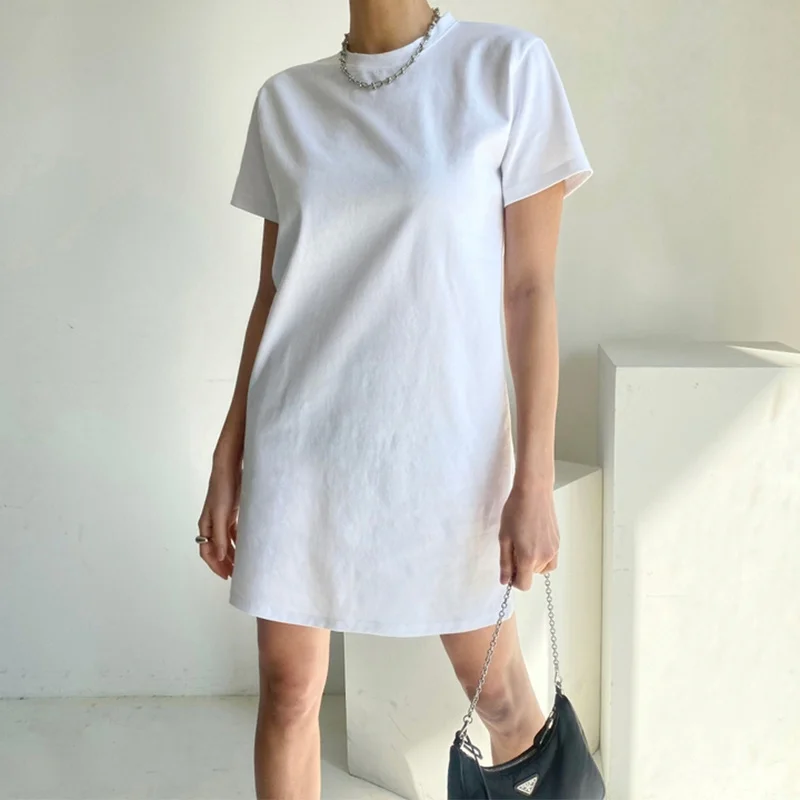 

Short Sleeved T-shirt Skirt, Women's Mid To Long Cut, Round Neck Pullover, Solid Color, Comfortable, Loose Base, Slimming Effect