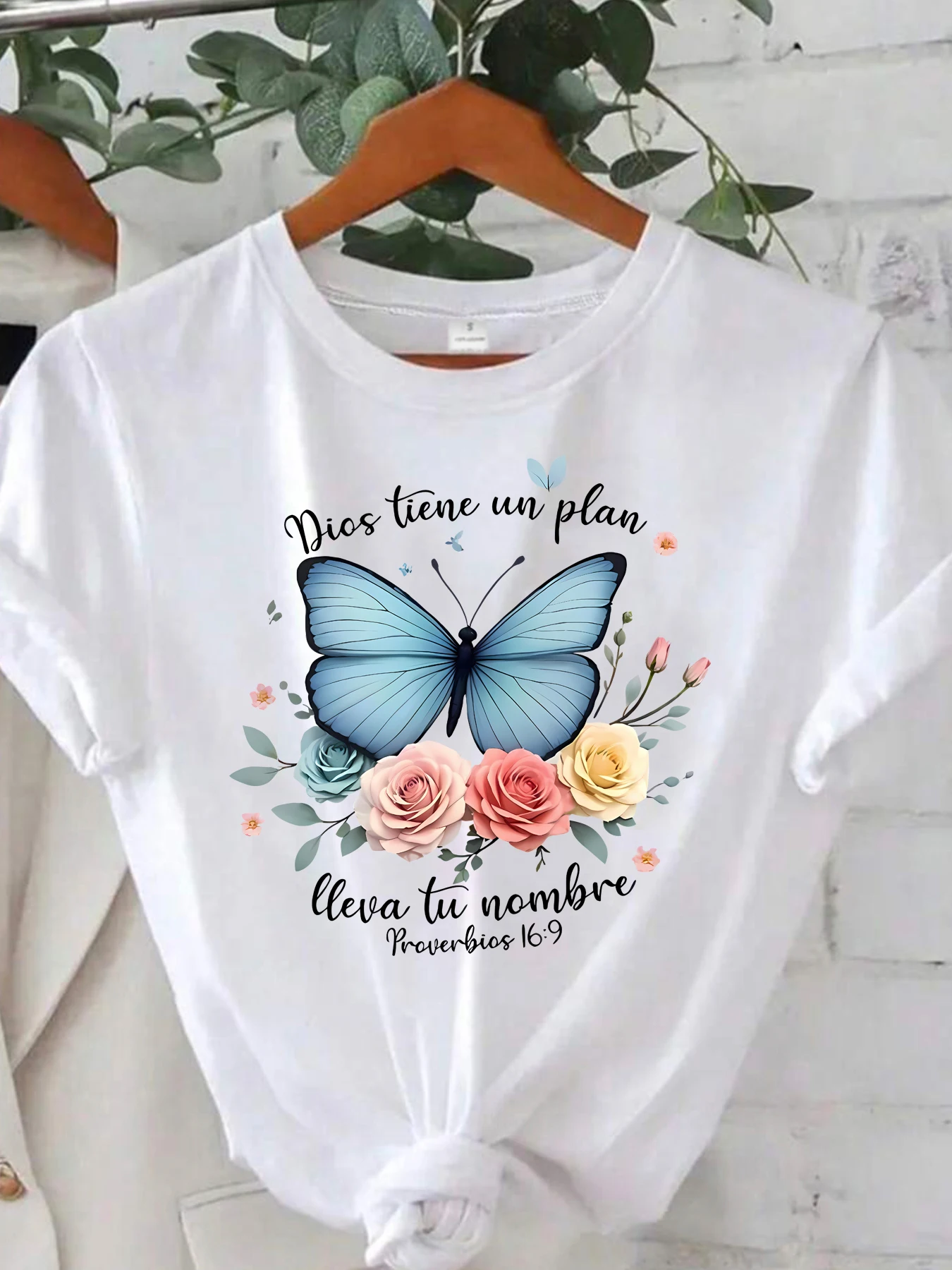 

Blue Butterfly Flower Pattern Round Neck Plus Size Women T-shirt Short Sleeve Trend Printing Elastic Half Sleeve T-shirt