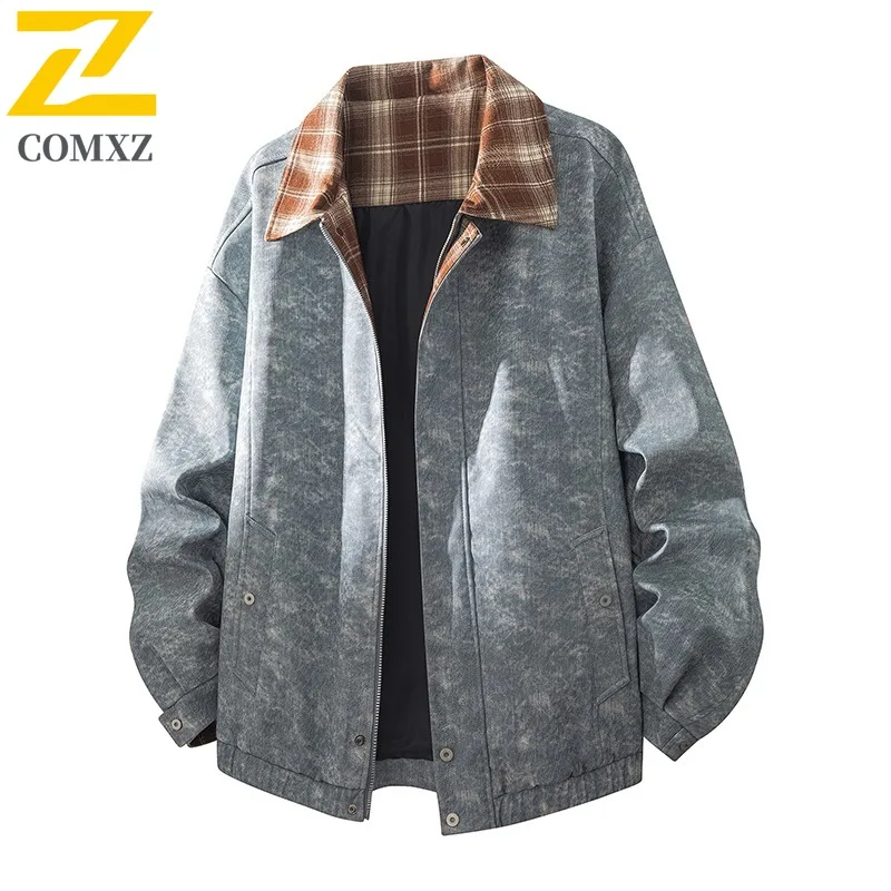 

COMXZ кожаная куртка большого размера с джинсовой текстурой в клетку Харрингтон, водонепроницаемое ветрозащитное пальто, дышащая легкая ветровка