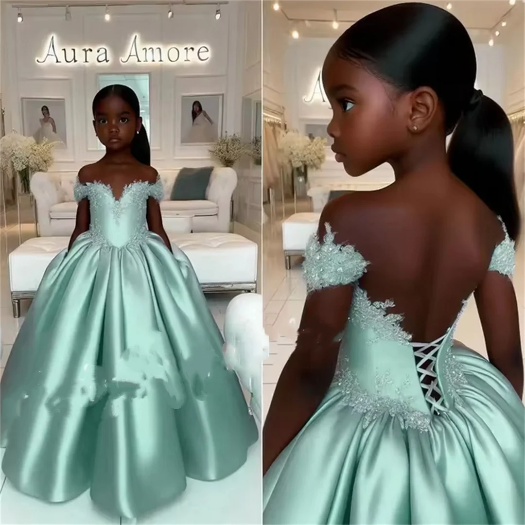 

Customized Sky Blue Flower Girl Dress For Wedding Floor Length Puffy Applique Kids Birthday Party First Communion Ball Gown