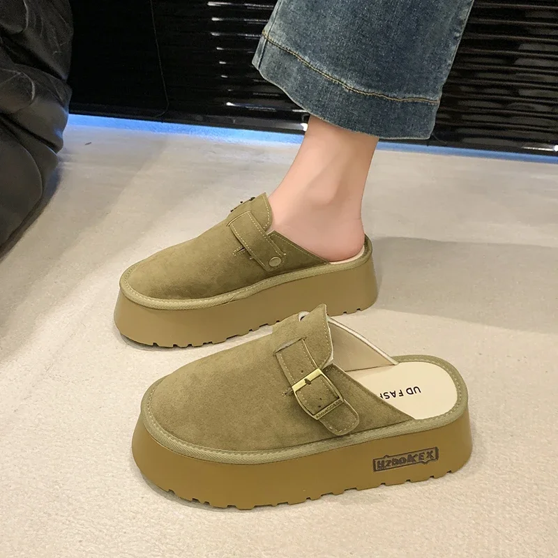 Women's New Autumn-Winter Slippers Thick Soled Suede Leather Button-head Semi-drag Fashion Comfortable Non-slip Women's Shoes