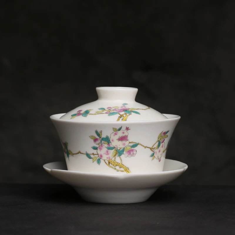 Chaozhou Ceramics Tea Set Powdered Colors Pineapple Peach Bowl Tea Cup Fair Cup High Temperature Resistant Non-Handmade Kitch...