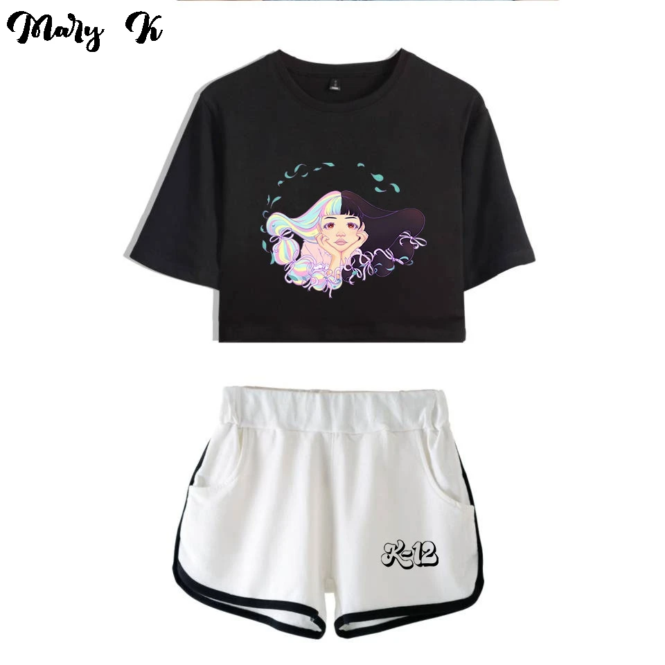 Fashion Youthful Print Melanie Martinez K-12 Short Sleeve Sexy Shorts+lovely T-shirts Dew navel Girl suits Two Piece Set