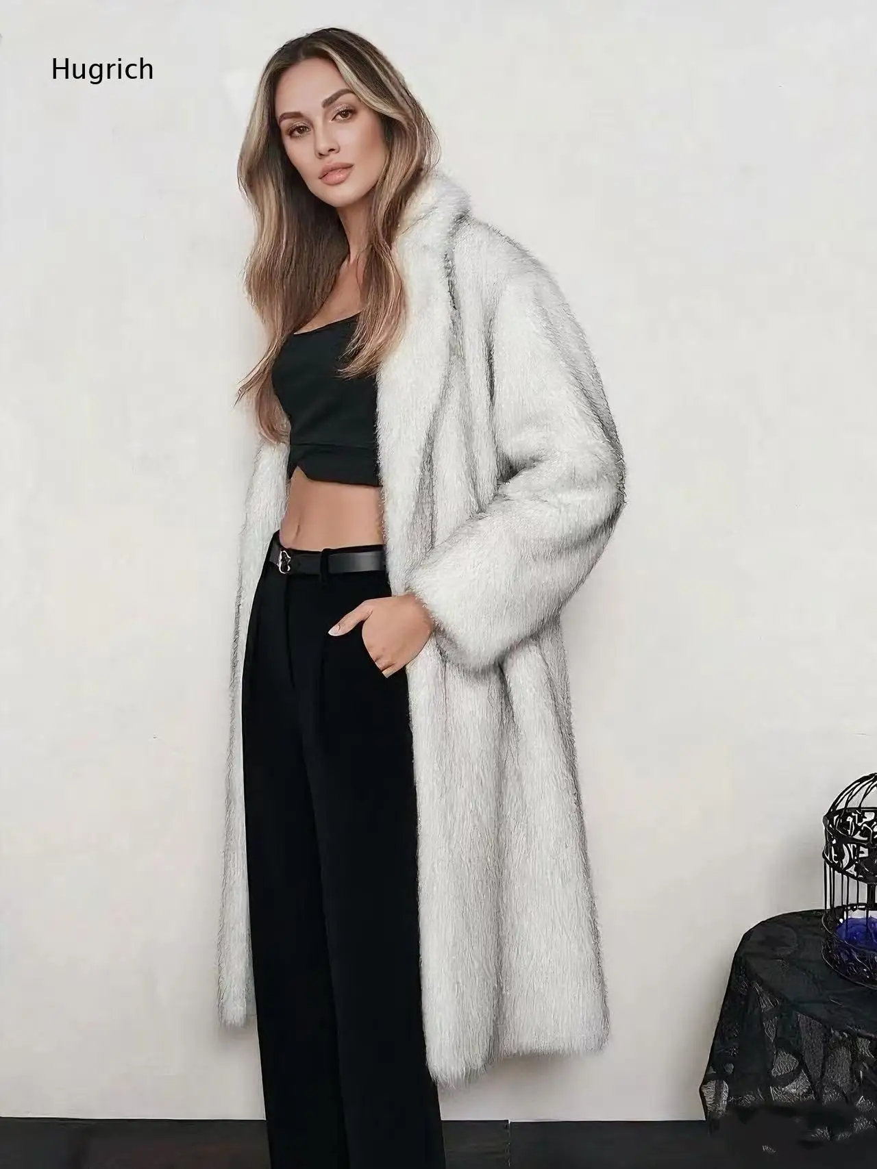 Women Taupe Faux Fur Long Coat Big Notched Lapel Collar Long Sleeve Oversized Loose Fit Warm Winter Outerwear