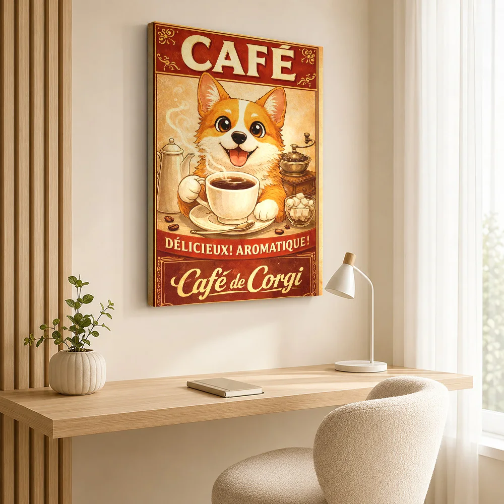 Cute Corgi Enjoying Coffee Canvas Painting Poster Personalized Modern Aesthetic Canvas Wall Art for Office Decor Ready to Hang