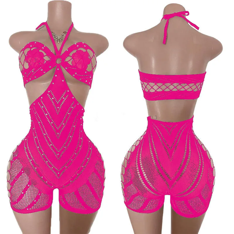 Women Sexy Performance Ballroom Dance Bodysuit Rhinestone Adult Colorful Cutout Design Spandex/Nylon Exotic Dancewear Stripper