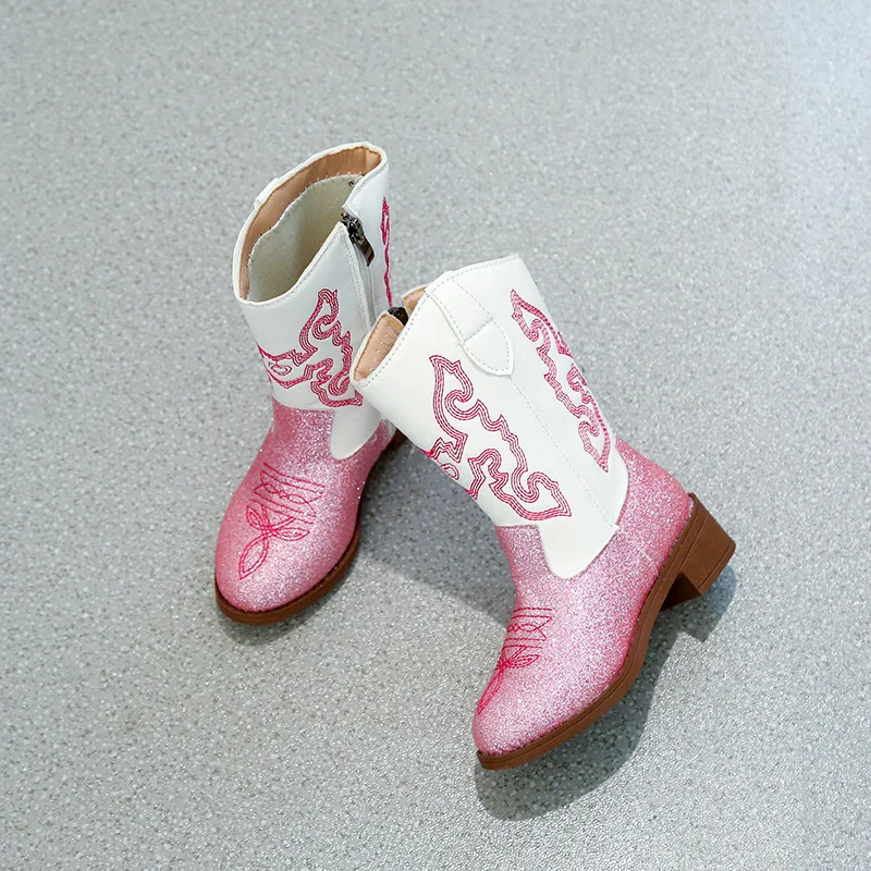 Kids Girls Pink Glitter Western Cowboy Boots, Embroidered Design, Side Zipper, Non-slip Sole for Dress-up & Casual Wear EU Size