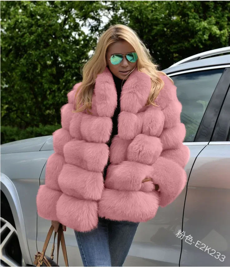 Faux Fox Fur Coat Luxury Women Faux Fur Female Jacket Winter Luxury Thick Fur Collar Solid Outwear Fur Overcoat Faux Fur Coat