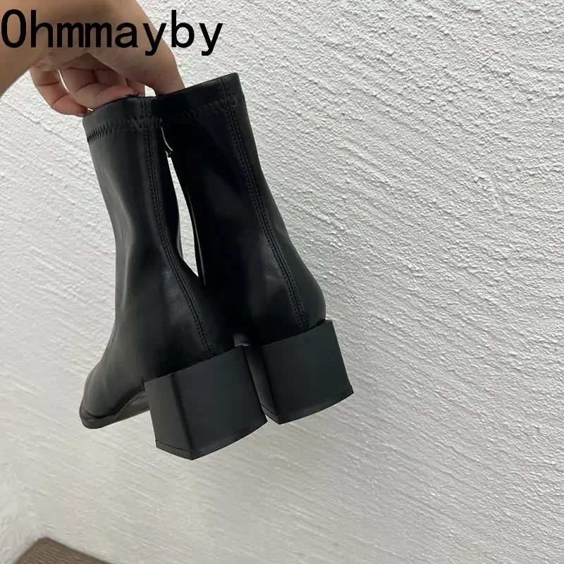 2024 Otoño Invierno diseño tacón tobillo bota moda punta cuadrada cremallera señoras Casual Chelsea botas zapatos de cuero suave bota corta