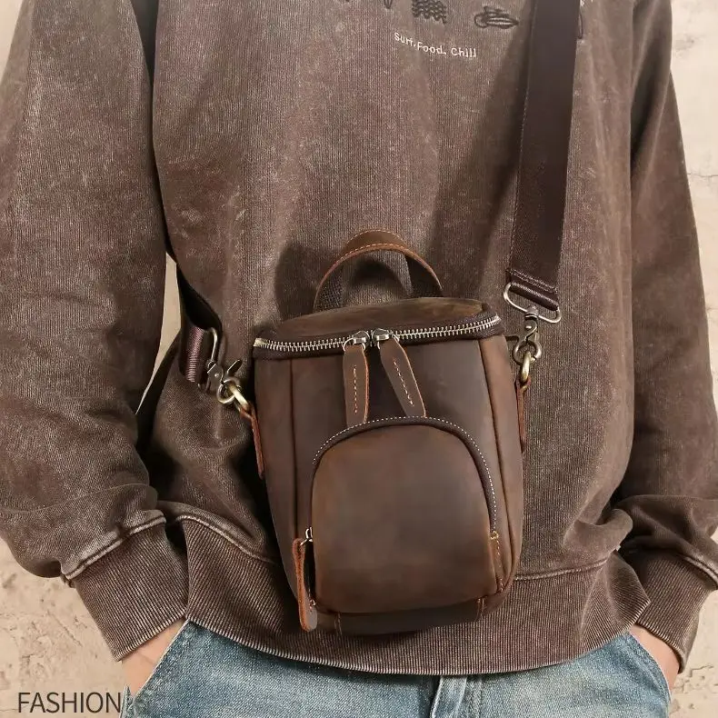 Men's crossbody bag, retro top layer cowhide bucket bag, outdoor travel women's hand-held shoulder bag