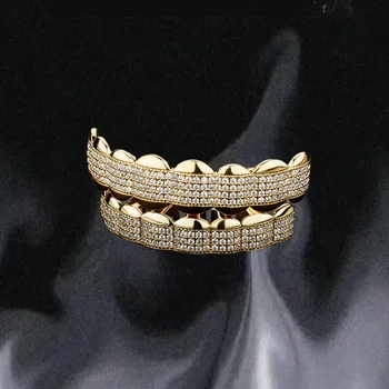 YOUNGX Hip Hop 8/8 CZ Stone Teeth Grillz 14K Gold Plated Shiny Zircon Teeth Caps Decor for Women Men Jewelry Gift