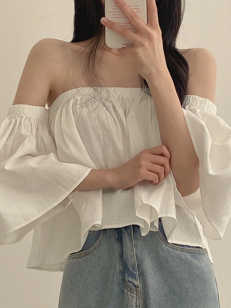 Chic verano diseño suelto ort Sve mujer irt un hombro tubo Top pantalones de pierna ancha mezcla de algodón coreano Sle viaje