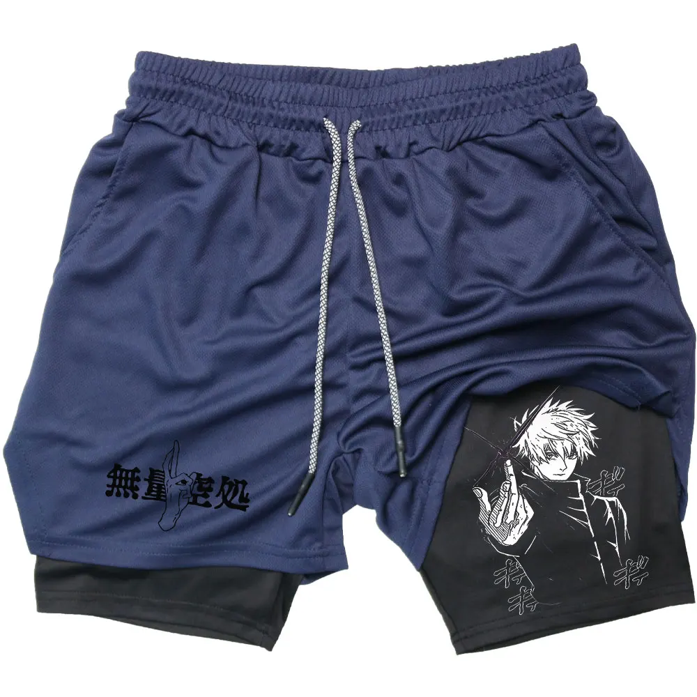 Anime 2 in 1 Running Shorts Men Double-deck Sport Gym Shorts Fitness Short Pants Workout Shorts Men Sportswear Bodybuilding