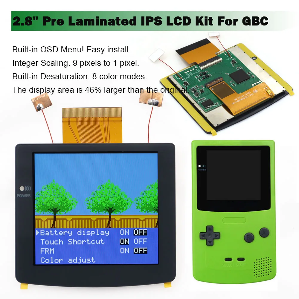 

46% увеличенный экран для GBC 2.8" с ламинированным IPS LCD-дисплеем, подсветкой, ретропиксельным эффектом, комплект для Gameboy Color, экран с функцией десатурации, OSD-меню, FRM.