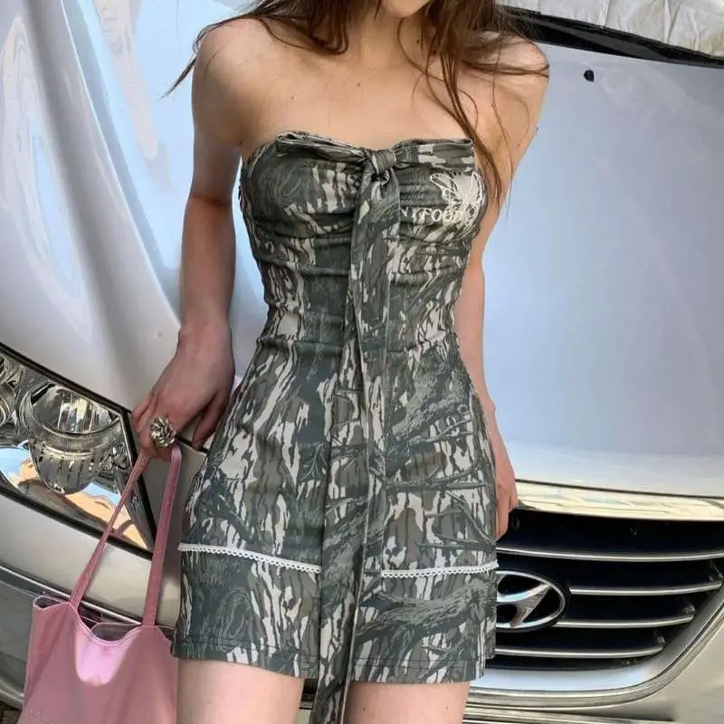 

Strapless Retro Tube Top Bow Dress Printed Sleeveless Slim Casual Dresses 2024 New Summer Sweet Cute Elegant Party Evening Dress