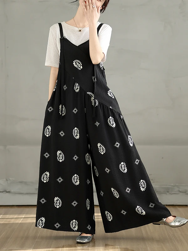 Summer 2025 New Vintage Printed Loose Slimming Strap Onesie Women's plus Size Clothing Long Pants Low Waist Cotton Fabric