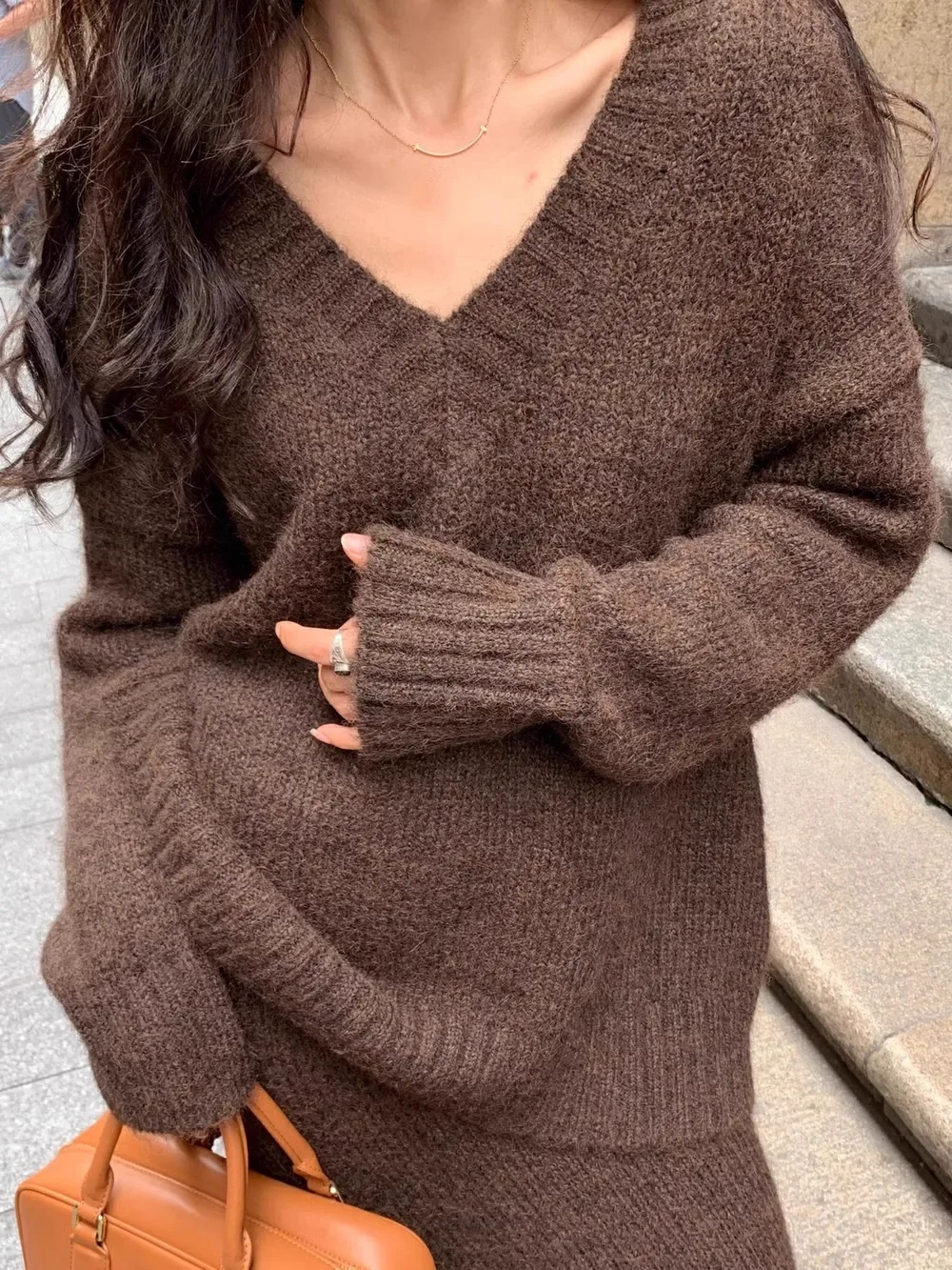 Women Coffee Brown Knit 2 Piec - V Vintage Fashion ulasan dan harga