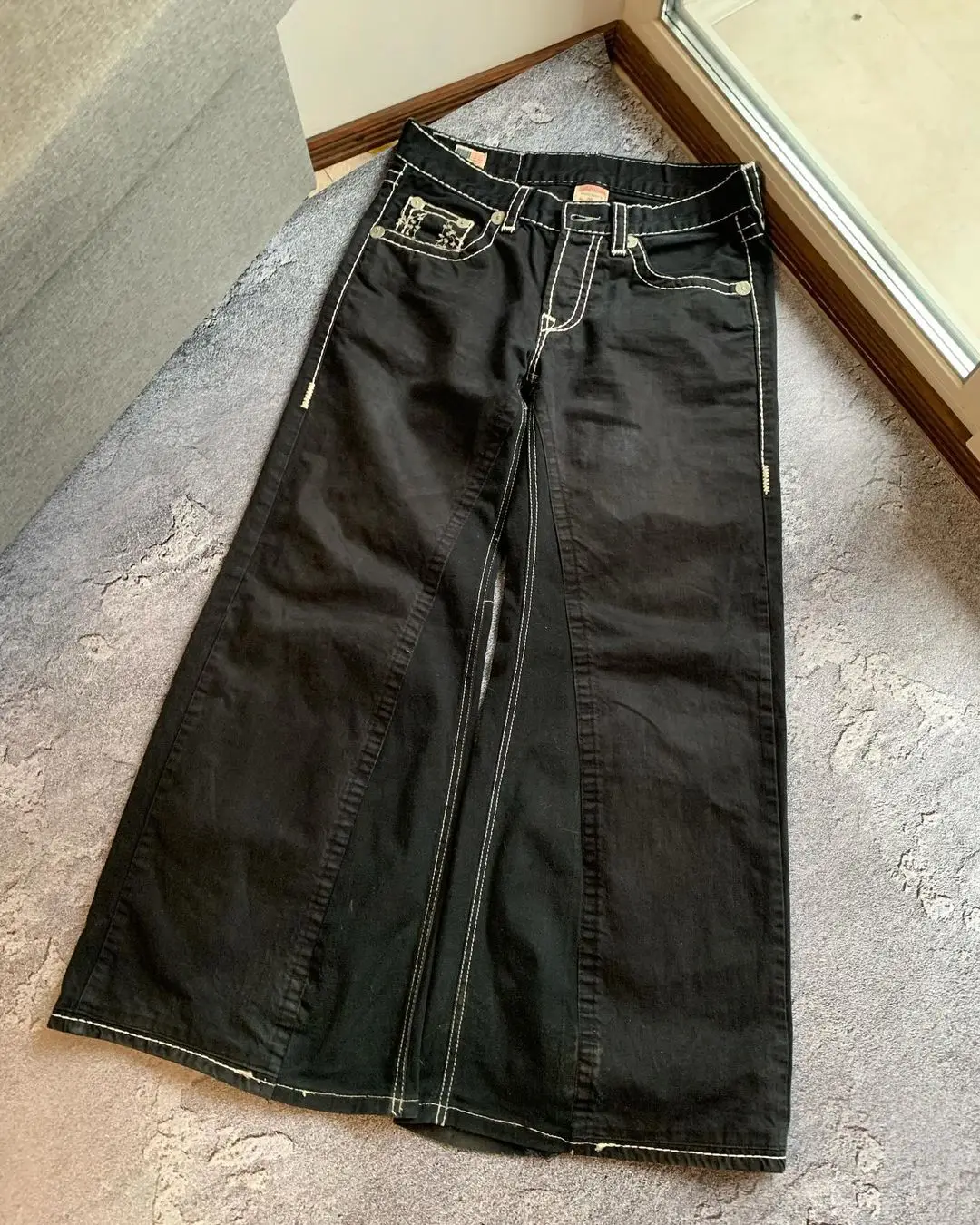 Jean en denim taille haute pour hommes et femmes, pantalon de loisirs brodé, jambe droite, jambe large, véritable religion gothique vintage, Y2K