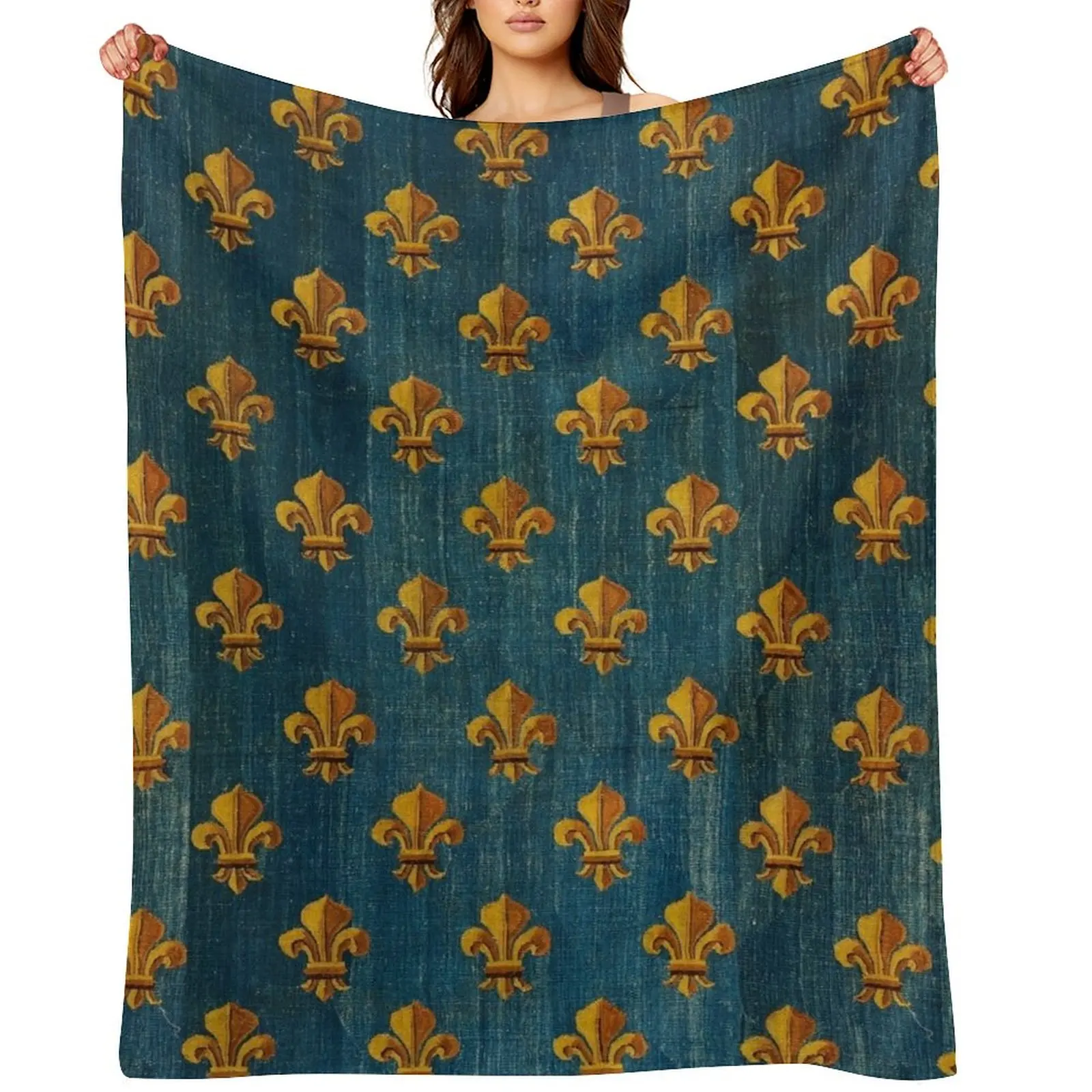 

GOLD FLEURS DE LYS IN BLUE Antique French Tapestry Throw Blanket Beach Nap anime valentine gift ideas Blankets