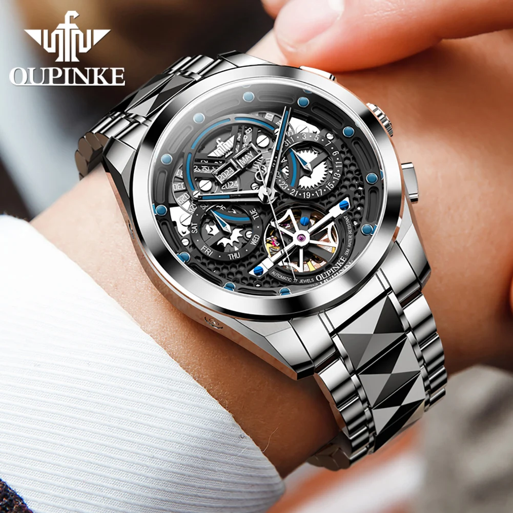 OUPINKE 3249 Automatic Watch for Men Swiss Certificated Brand Men\'s Wristwatches Skeleton Hollow Man Watch Relogio Masculino