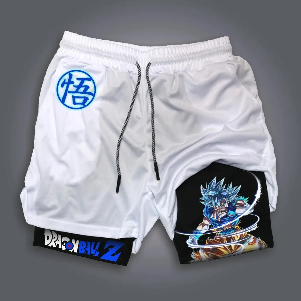 ดราก้อนบอลอะนิเมะ GOKU พิมพ์กางเกงขาสั้นสองชั้นอเมริกันกีฬาผู้ชายฤดูร้อนหลวมกางเกงระบายอากาศ