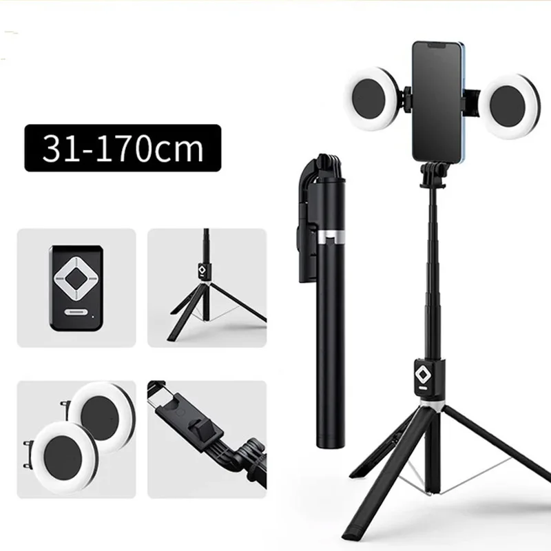 1.7m Extendable live Tripod Selfie Stick Support LED Ring Dual light mirror Stand 4 in 1 Phone Mount for iPhone X 8 11 Android