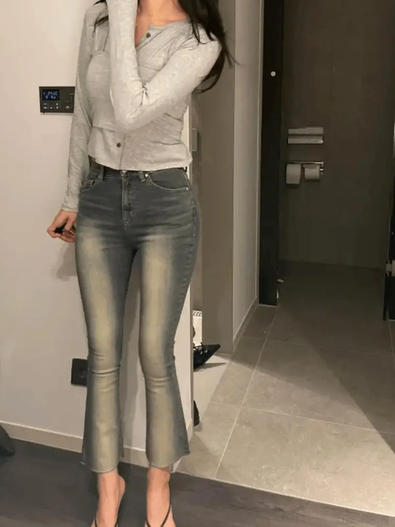 

Retro Sli Faded White Micro Flare Jeans High Waist Cotton Stretch Denim Bootcut Trousers for Young Women Autumn New Arrivals