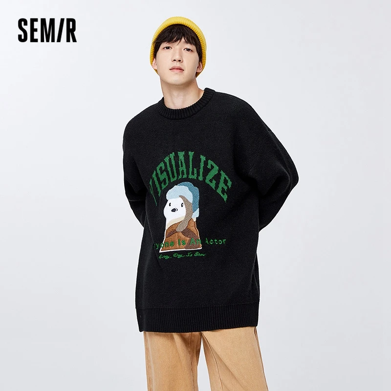 Semir Sweater Men 2023 Winter New Style Knitted Sweater Loose Letter Embroidered Drop Shoulder Comfortable Inner Sweater