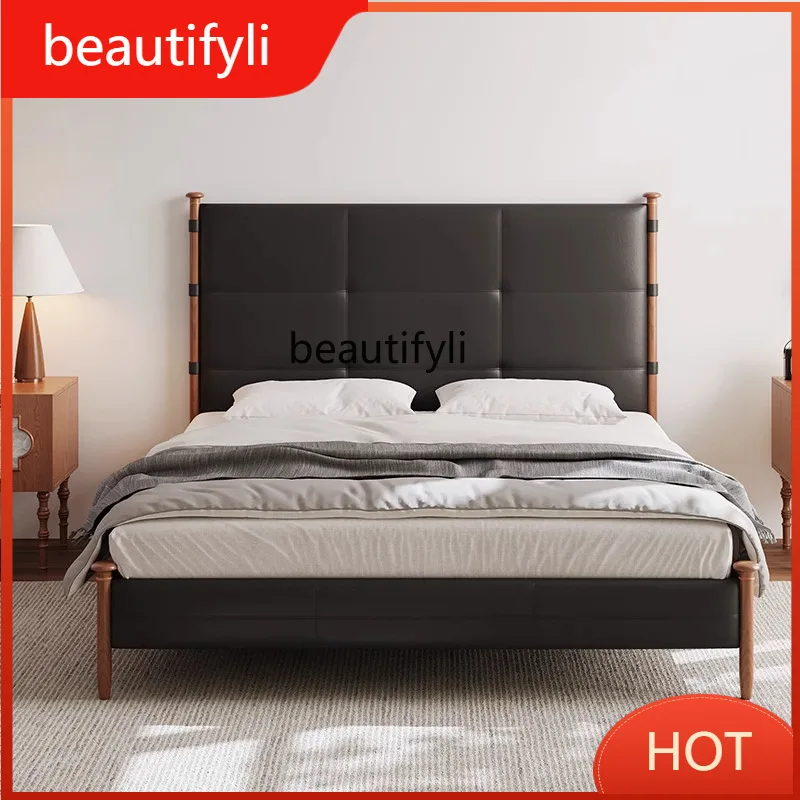 A139 French Vintage Style High-Back Leather Upholstered Bed for Master Bedroom, Home Use, Solid Wood Black Oil-Waxed Leather Bed