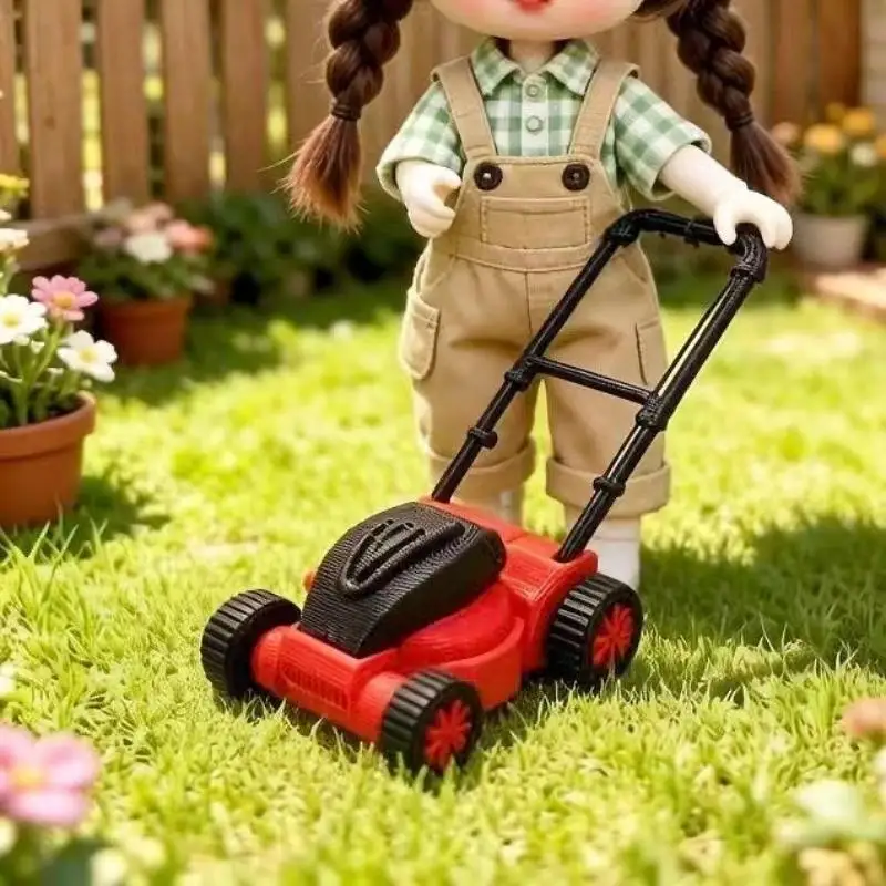 Mini Lawn Mower Dollhouse Decor Ornament Vintage Hand Push Grass Cutter Model for 1:12 Doll House Desktop Mini Scene Decor
