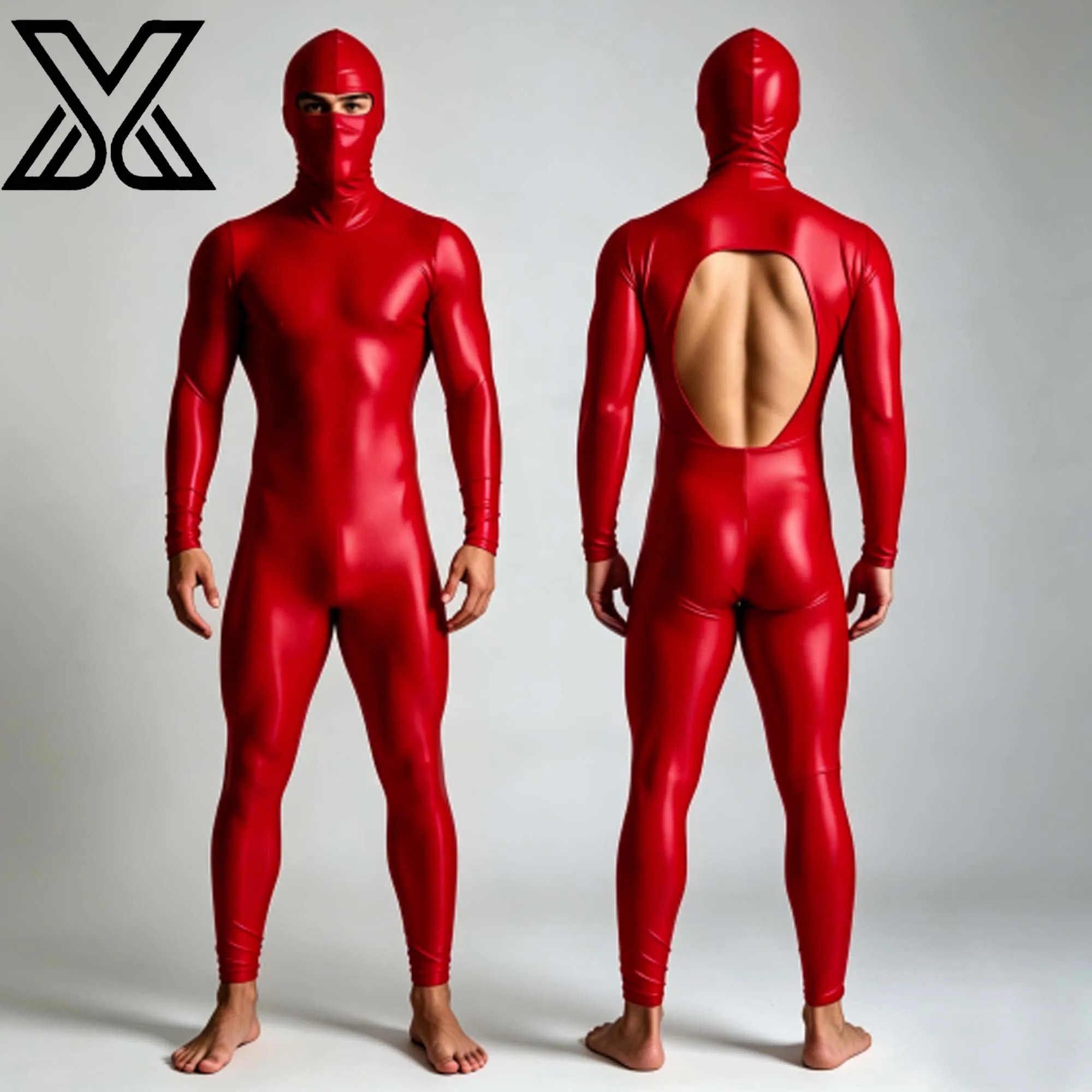 XMJXMY Sexy unisex shiny jumpsuit full body hooded beach swimsuit backless tight fitting outfit, suitable for beach and parties