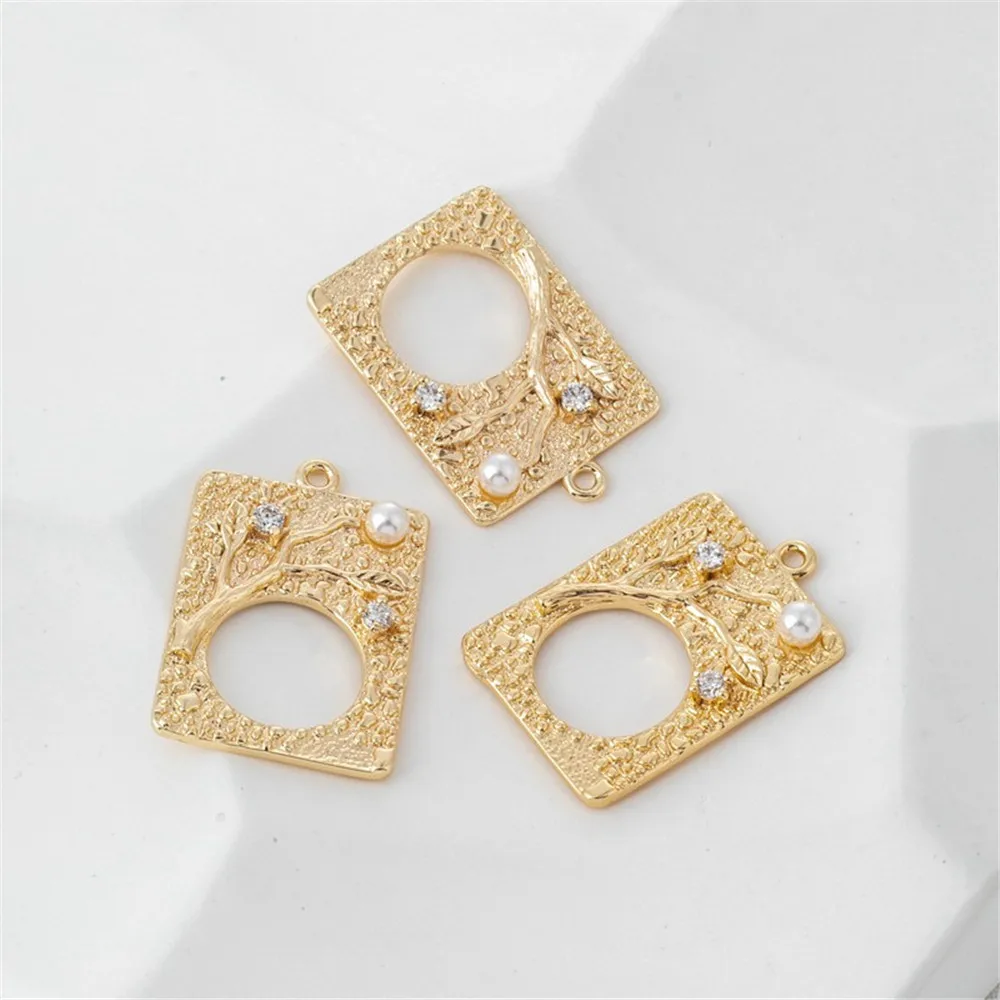 1pcs 14k Gold Color Preservation Square Tree Hole Inlaid Zircon Pearl 17*23mm Pendant Diy Jewelry Charm Pendant