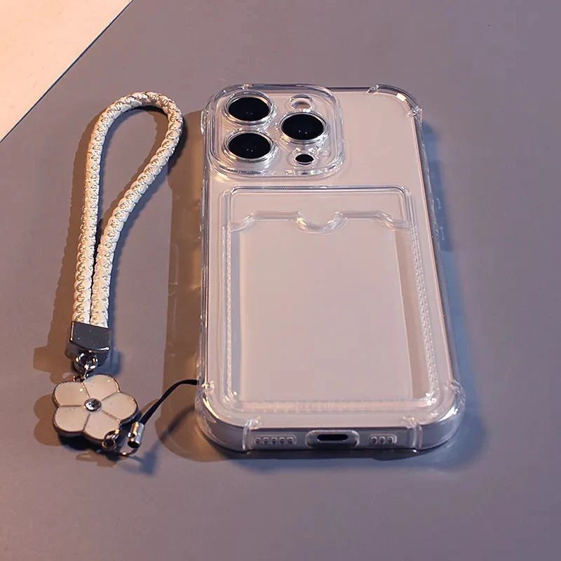 Étui de luxe transparent avec porte-cartes et cordon pour iPhone 17 15 16 14 13 12 Pro Max, coque arrière souple en TPU avec insert pour cartes et dragonne portable
