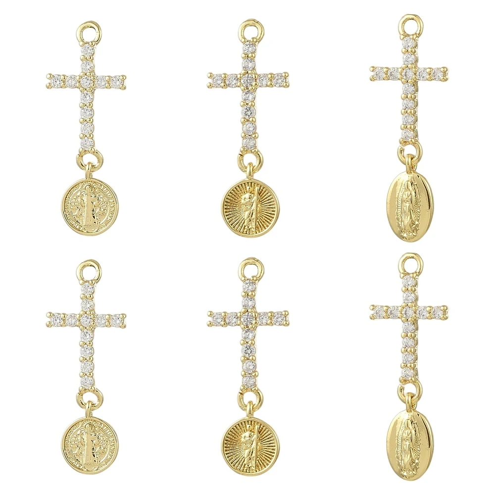 KitBeads 6pcs CrossReligious Saint Brass Charms Micro Pave Clear Cubic Zirconia Jewelry Decoration for Bracelet Necklace Making