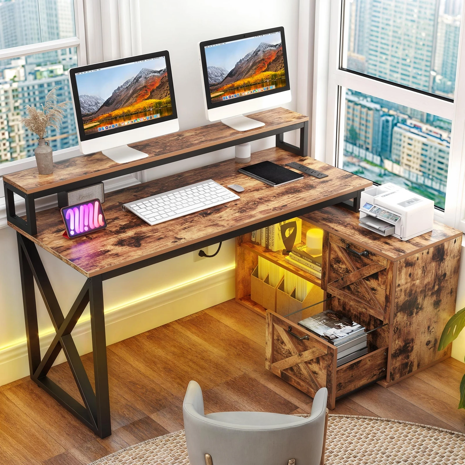 

55" L Shaped Desk with Power Outlet & LED Light Corner Computer Desk with Drawer