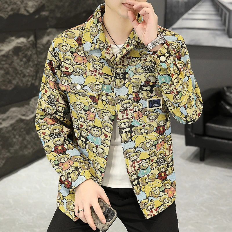 Autumn Men\'s Lapel New Retro High Street Print Jacket trend all-match Coat Streetwear Spring Men Fashion jacket