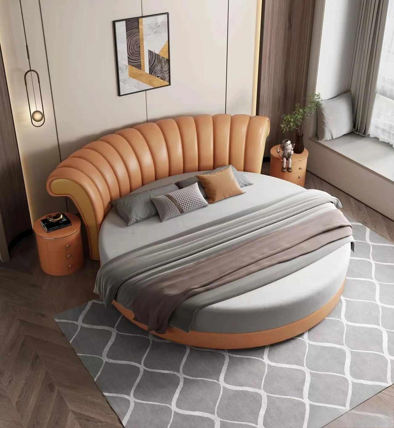 Round leather bed frame, leather double bed for 2 people, upgrade your sleeping experience
