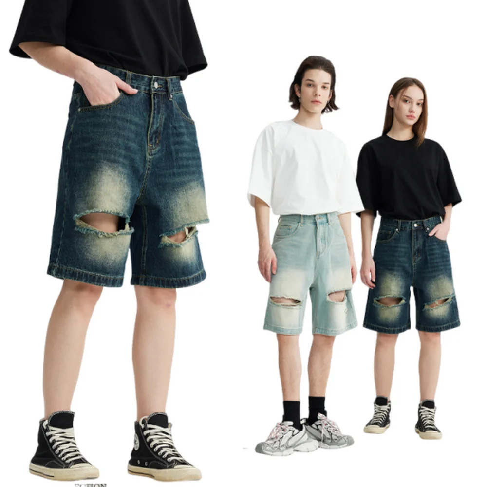 American Style Men's Jeans Shorts Straight Wide Leg Male Holes Shorts Fashion Bottom