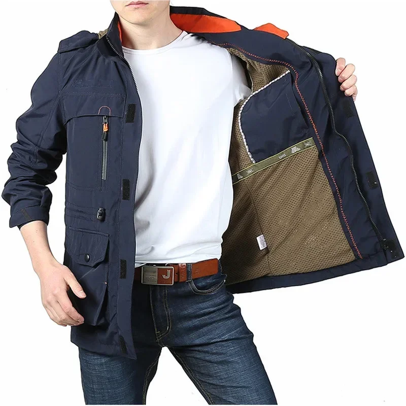 2024 Autumn Men\'s Workwear Hooded Jacket Thick Plush Men\'s Outdoor Windproof Coat Multiple Pockets Waterproof Windbreaker M-4XL