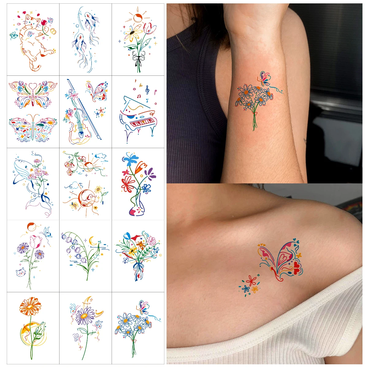 12pcs Colorful Flower Butterfly Watercolor Cartoon Temporary Tattoos for Women Body Art Arm Fake Flora Tattoo Sticker Girls