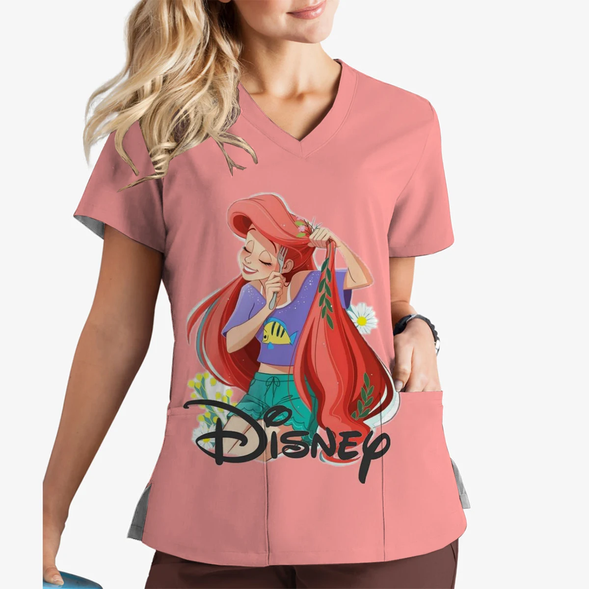 جديد المرأة فرك القمم الملابس الطبية بلوزات على شكل حرف v ديزني حورية البحر الأميرة ارييل مطبوعة ملابس العمل الملابس النسائية تي شيرت