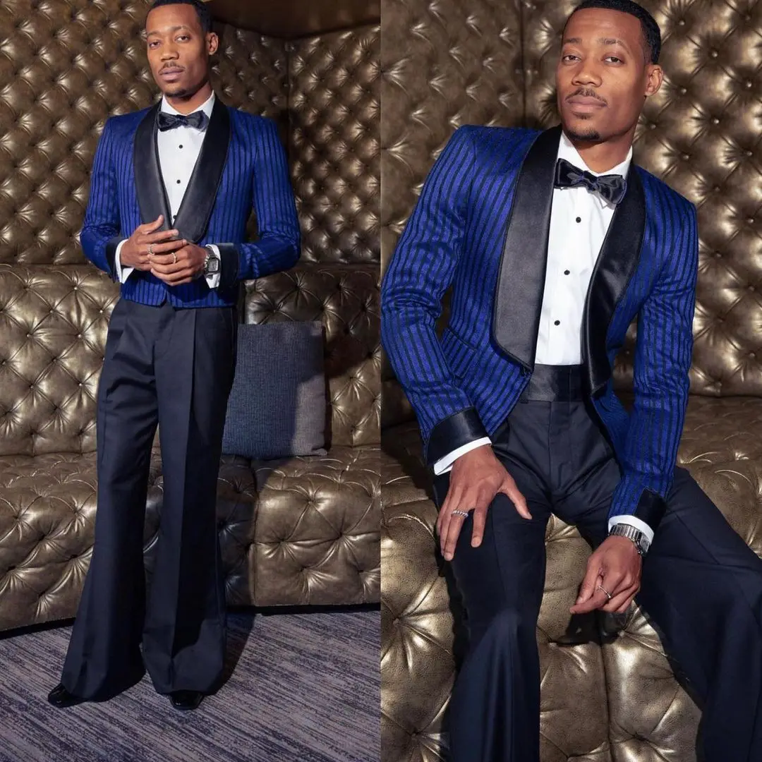 

Royal Blue Stripes Wedding Tuxedos Classic Fit Shawl Lapel Custom Party Prom Blazer Formal Wear 2 Pieces