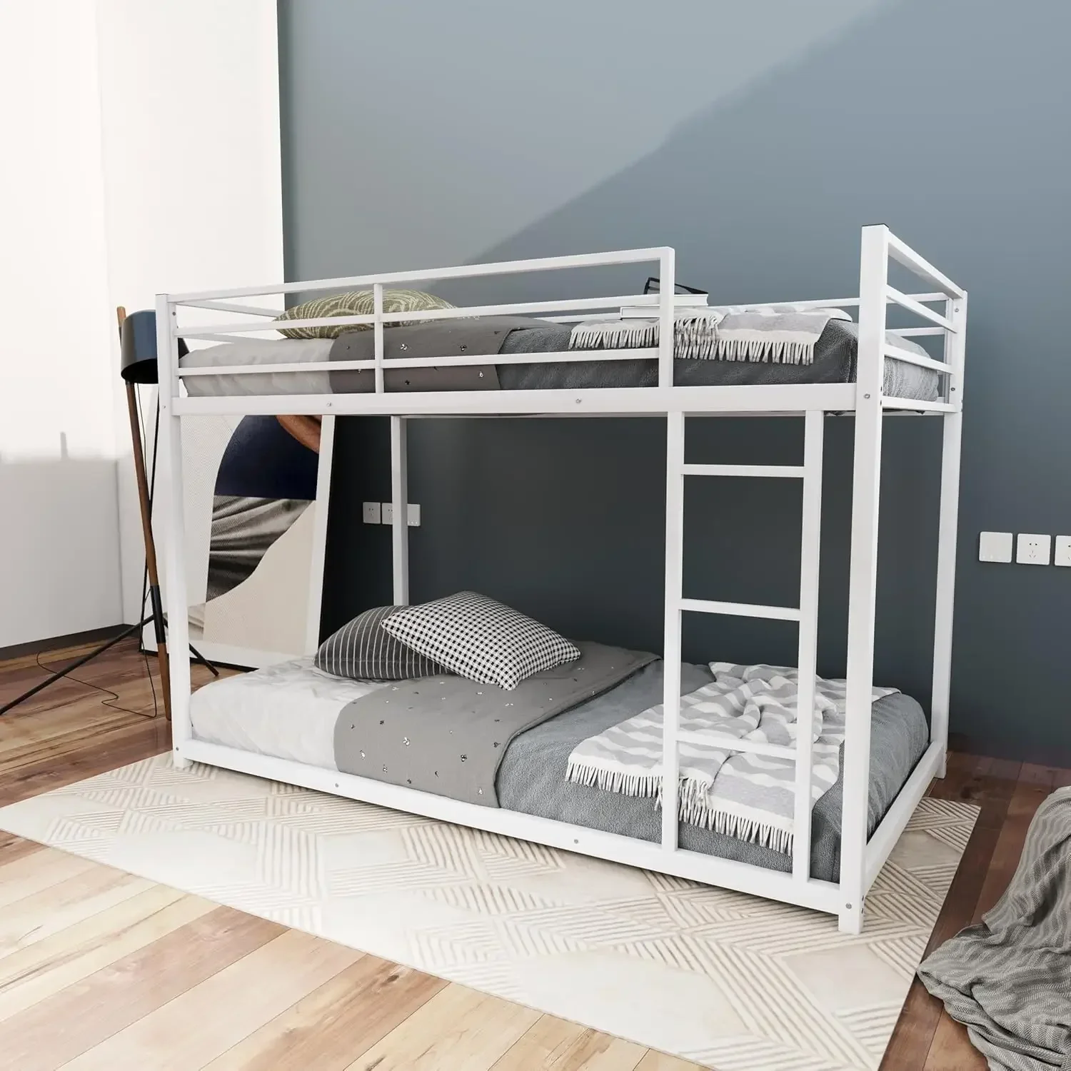 Twin Over Twin Size Metal Bunk Bed Frame with Ladder for Kids, Safety Bunk Bed with Sturdy Construction, Easy Assembly, No Box S