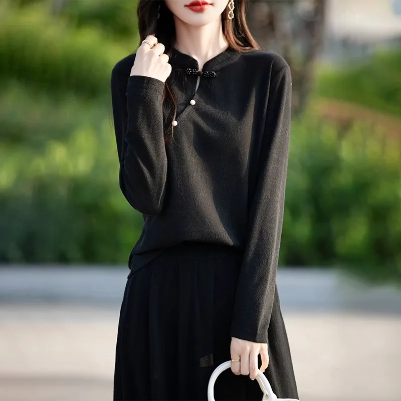 Jesienno-zimowy nowy sweter damski w stylu chińskim z guzikami, nowy chiński sweter z kołnierzykiem QiPao, haftowany, dzianinowy...