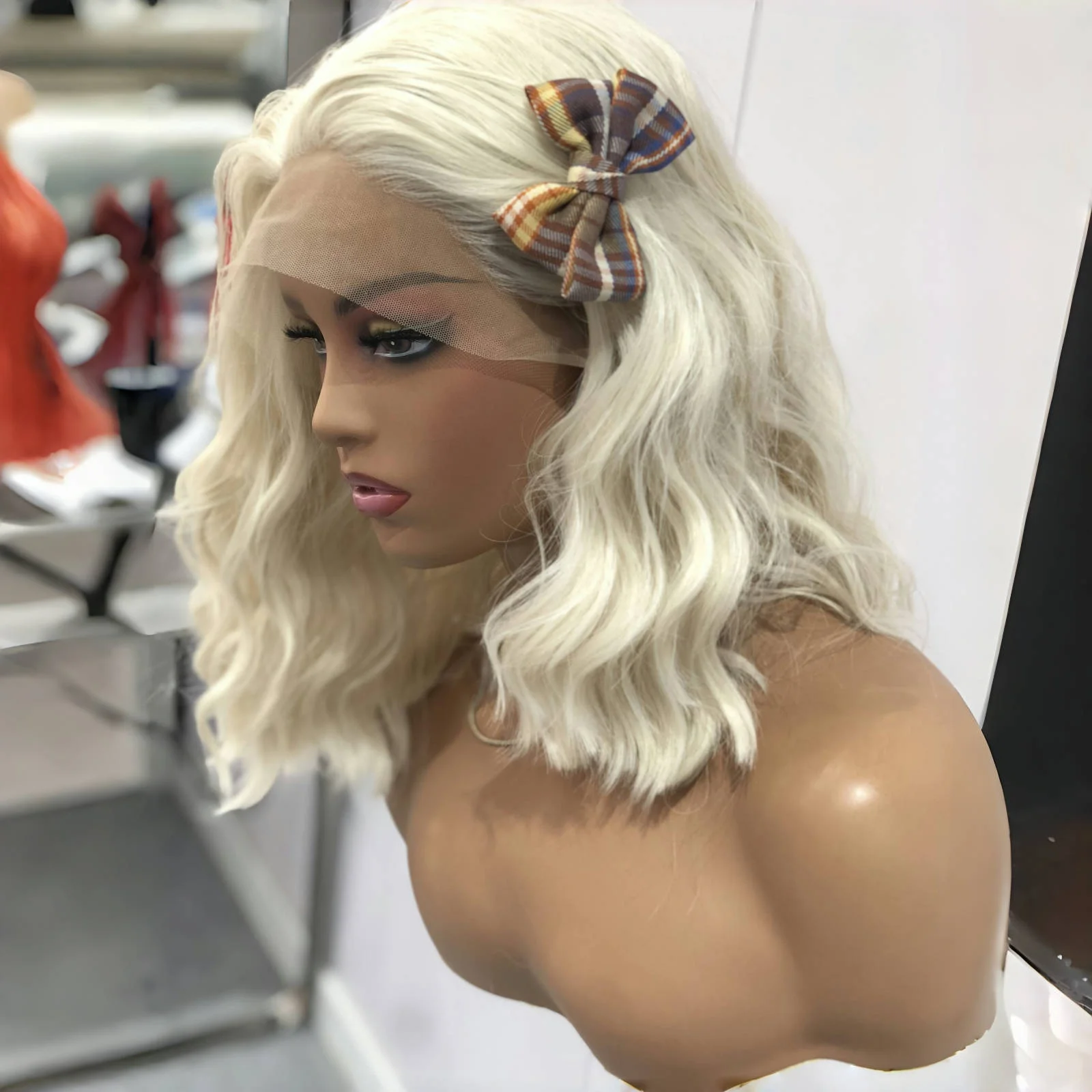 Platinum Blonde Bob Hair Wig Synthetic Lace Front Wig Short Curly Wigs for Women Glueless Wavy Blonde Wig Lace Front Bob Wigs