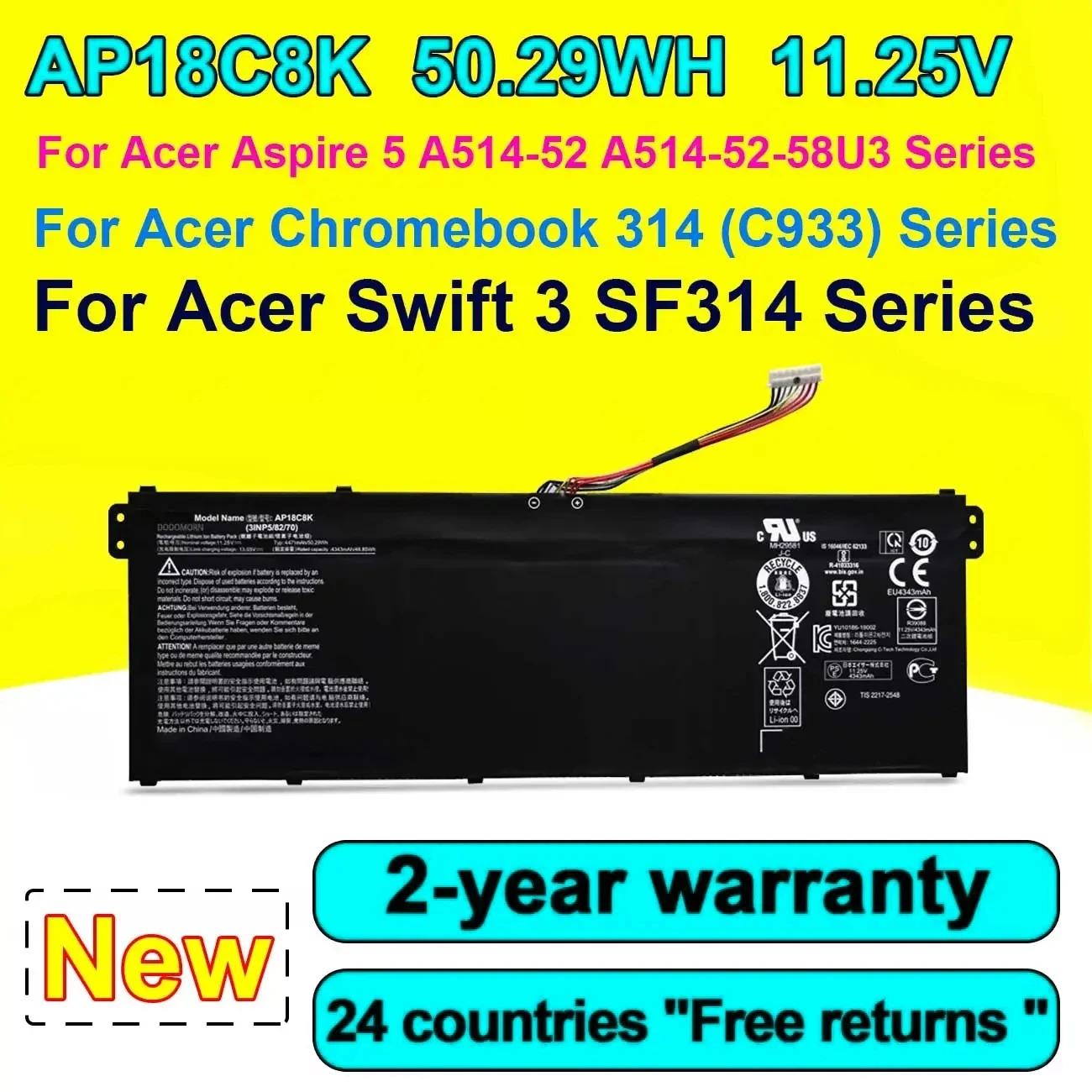 

New AP18C8K Laptop Battery For Acer Aspire 5 A514-52-58U3 Swift 3 SF314-42-R27B/R4XJ SF314-57/57G/58/58G/58XS/523B AP18C4K N17W7