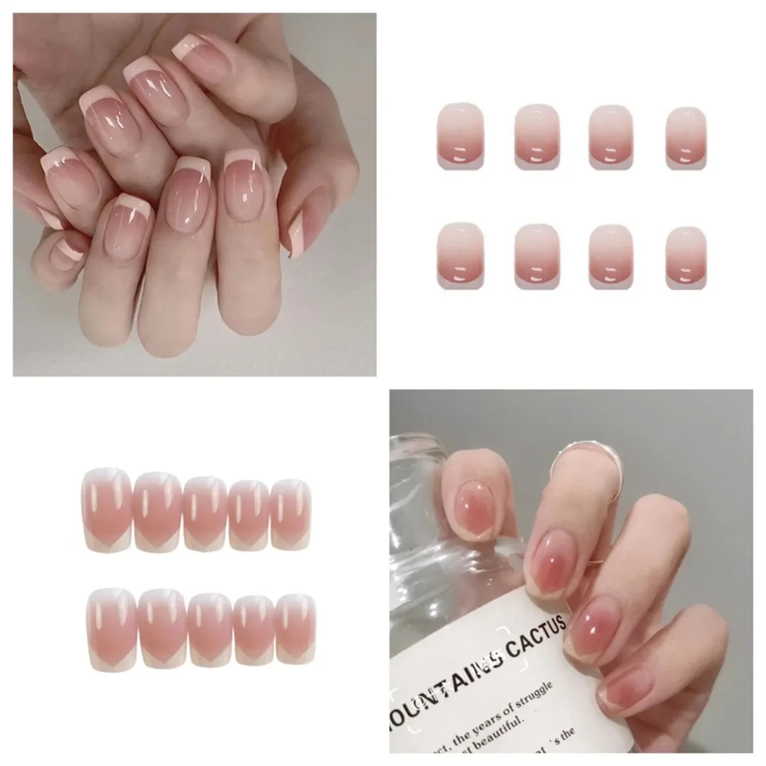 48p Artificial Acrylic Nail Art Fake Nails Full Coverage Removable Press On Nail Design Pink White Edge Short Coffin False Nails